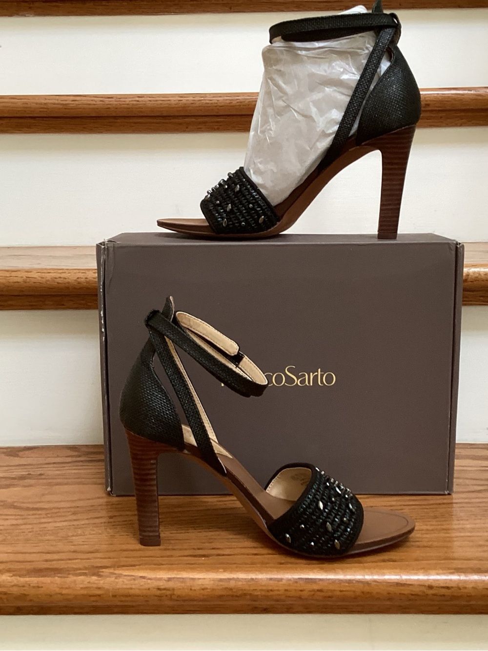 Franco Sarto Black Beaded Ankle-Strap Stiletto Sandals
